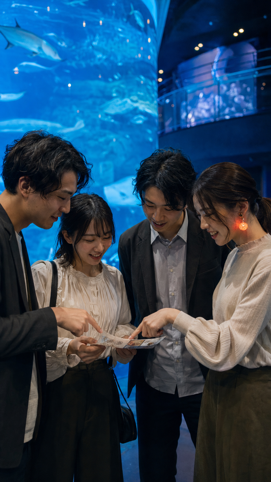青い水槽の前で謎解きと交流を楽しむ参加者のイメージ